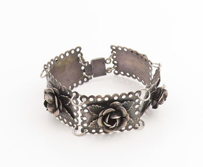925 Sterling Silver Vintage Bracelet Dark Tone Floral Roses Link Chain  BT11429