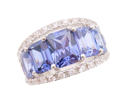 925 Sterling Silver Vintage Ring Split Band Rectangle Sapphire & CZ Sz 7 RG30350