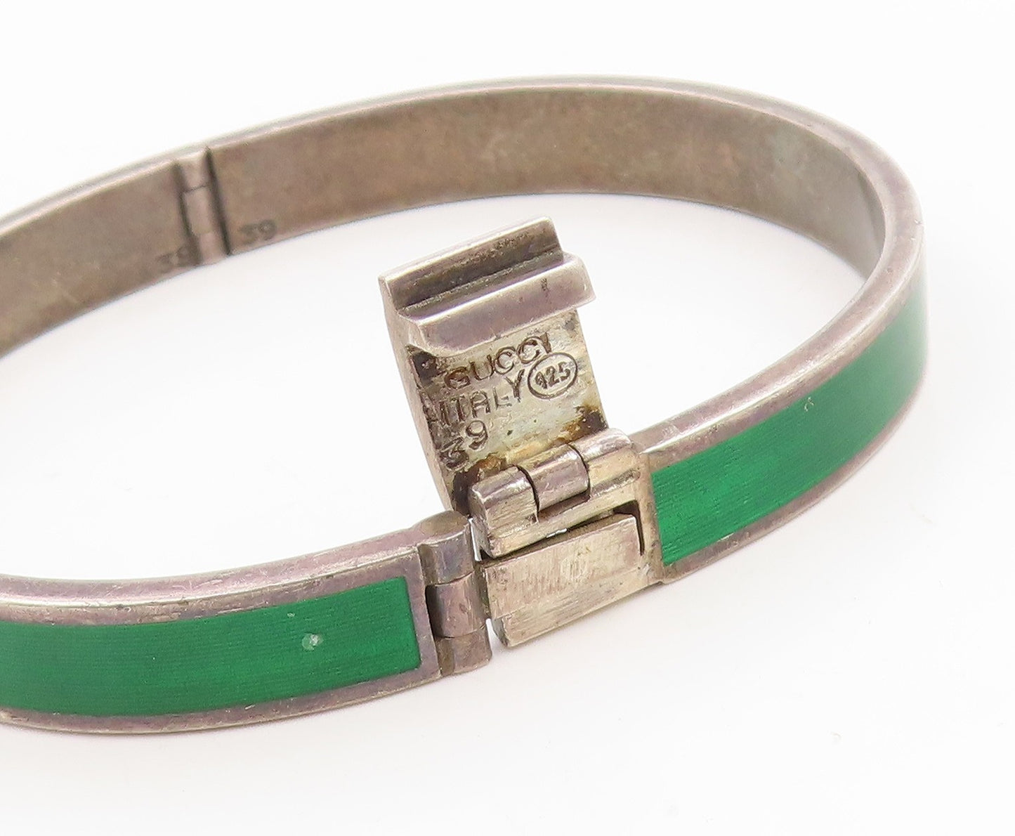 925 Sterling Silver Vintage Bracelet GUCCI Classic Green Enamel Bangle  BT12012