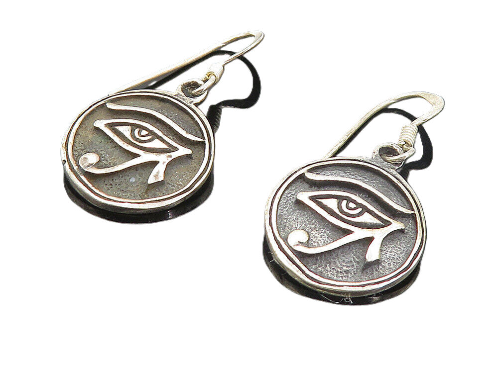 925 Sterling Silver  Vintage Oxidized Eye Of Horus Dangle Earrings  EG3504