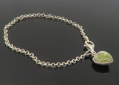 925 Silver  Vintage Topaz & Mother Of Pearl Clover Heart Chain Bracelet BT4595