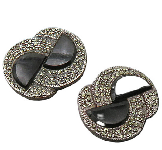 925 Silver   Vintage Black Onyx & Marcasite Non Pierce Drop Earrings  EG10987