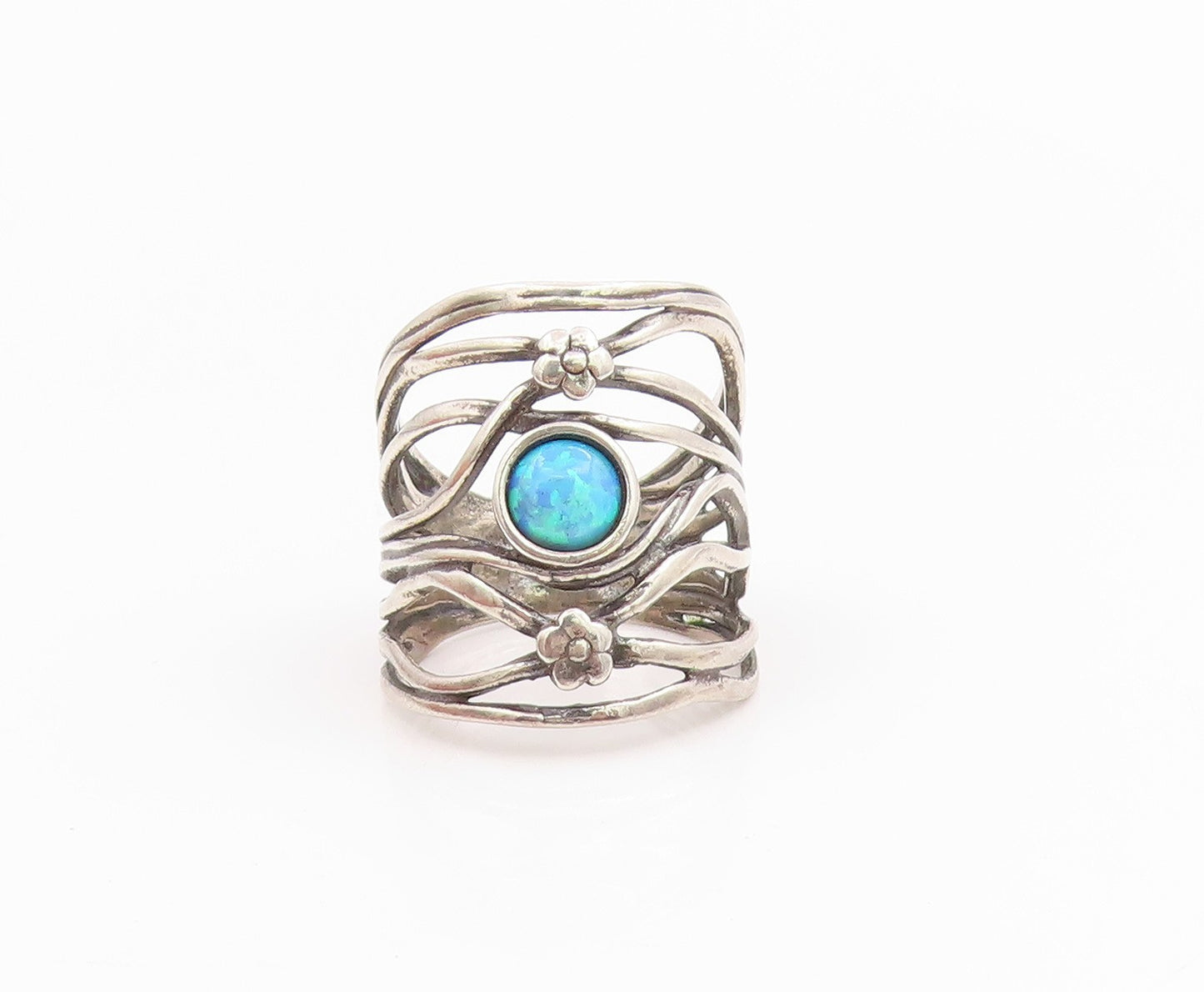 925 Sterling Silver Vintage Ring ISRAEL Fire Opal Floral Wave  Sz 8  RG35642