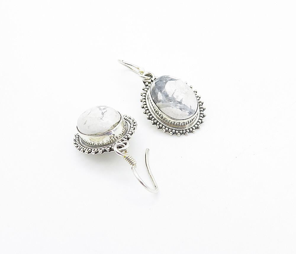 925 Sterling Silver  Vintage Cabochon Cut Grey Jasper Dangle Earrings  EG3156