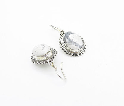 925 Sterling Silver  Vintage Cabochon Cut Grey Jasper Dangle Earrings  EG3156
