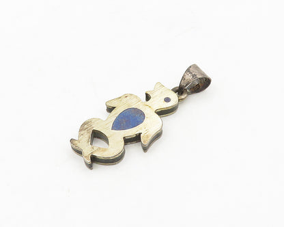 MEXICO 925 Silver  Vintage Inlaid Turquoise & Lapis Lazuli Pendant  PT14385