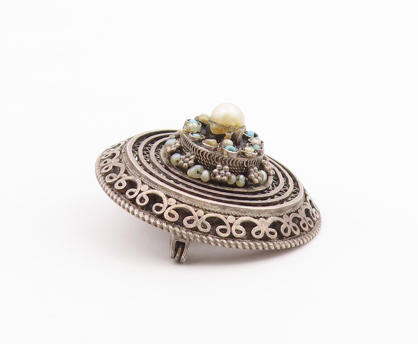 ISRAEL 925 Silver  Vintage Antique Floral Pearl & Turquoise Brooch Pin  BP9743