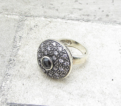 925 Silver  Sapphire Cubic Zirconia & Marcasite Round Shield Ring Sz 6  RG1582