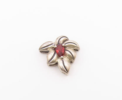 925 Sterling Silver  Vintage Garnet Floral Leaf Motif Pendant  PT16206
