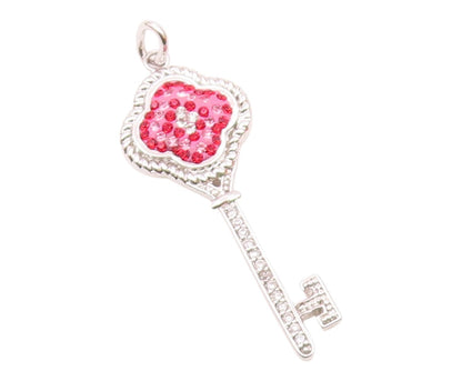 925 Sterling Silver  Vintage Pink Crystal & Topaz Key Motif Pendant  PT17410