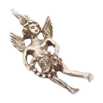 925 Sterling Silver Vintage Pendant Winged Cupid With Love Heart Charm  PT25956