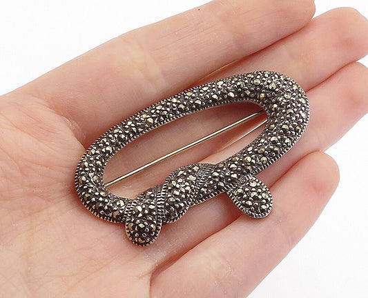 925 Sterling Silver  Vintage Marcasite Decorated Open Design Brooch Pin BP2707