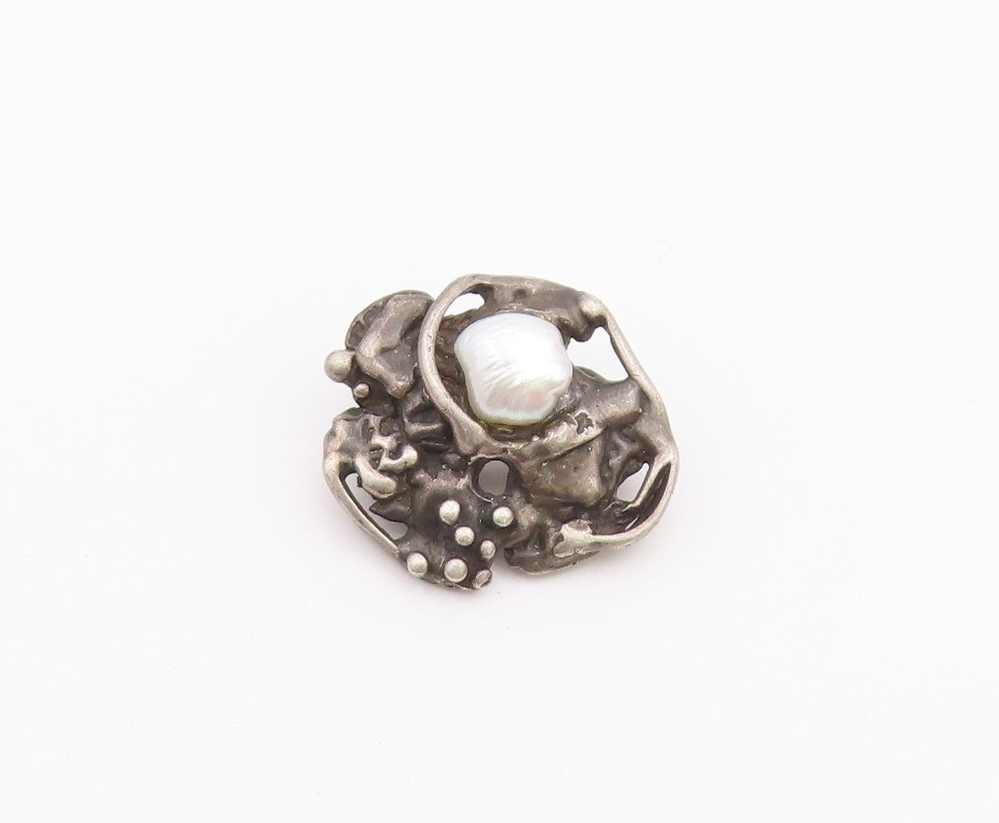 925 Sterling Silver  Vintage Shiny Pearl Brutalist Sculpted Brooch Pin  BP7831