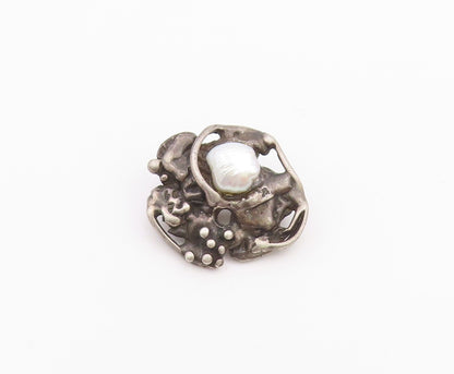 925 Sterling Silver  Vintage Shiny Pearl Brutalist Sculpted Brooch Pin  BP7831