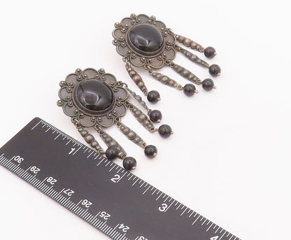 925 Sterling Silver Vintage Earrings Floral Carved Onyx Beaded Dangles  EG12916