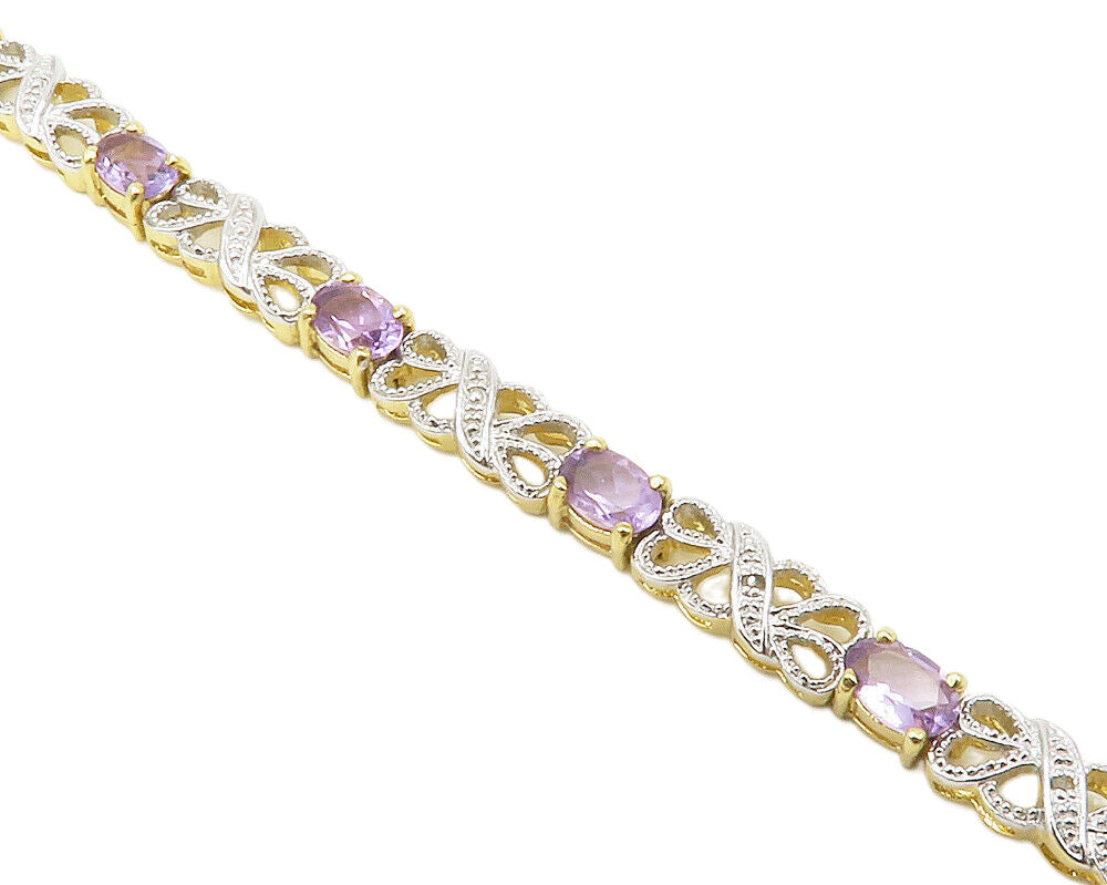 925 Sterling Silver  Genuine Diamonds & Amethyst Swirl Chain Bracelet  BT5246