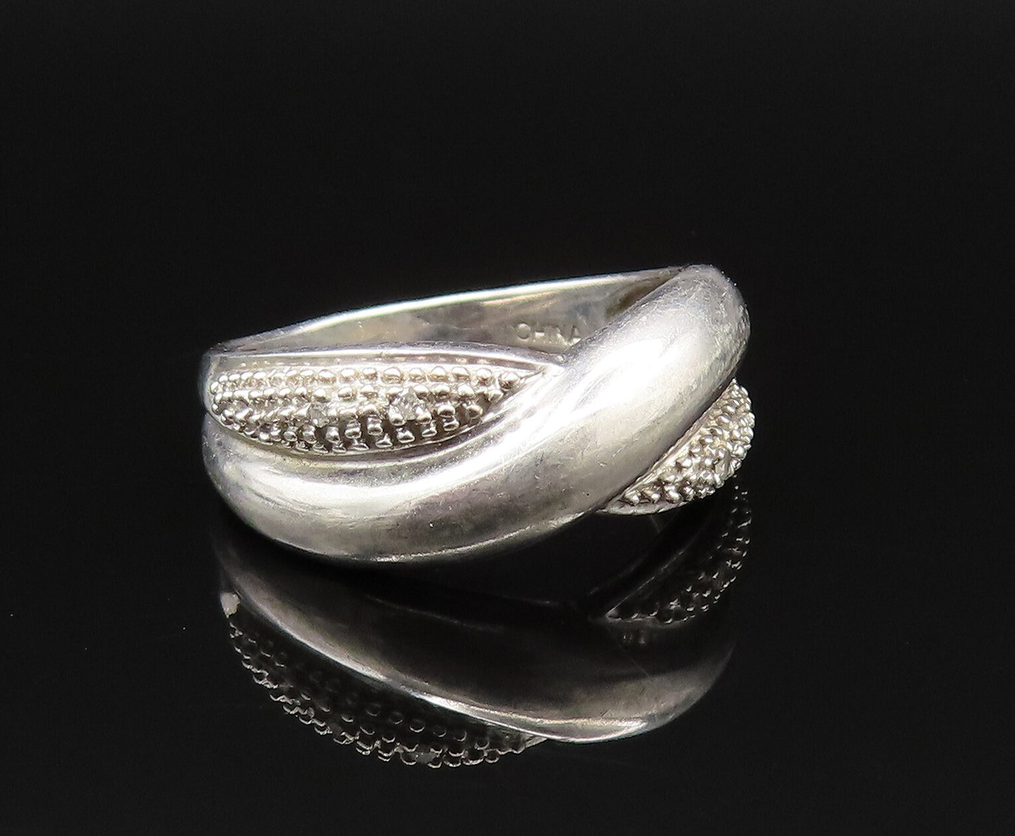 925 Sterling Silver  Vintage Genuine Diamonds Crisscross Ring Sz 7.5  RG25644