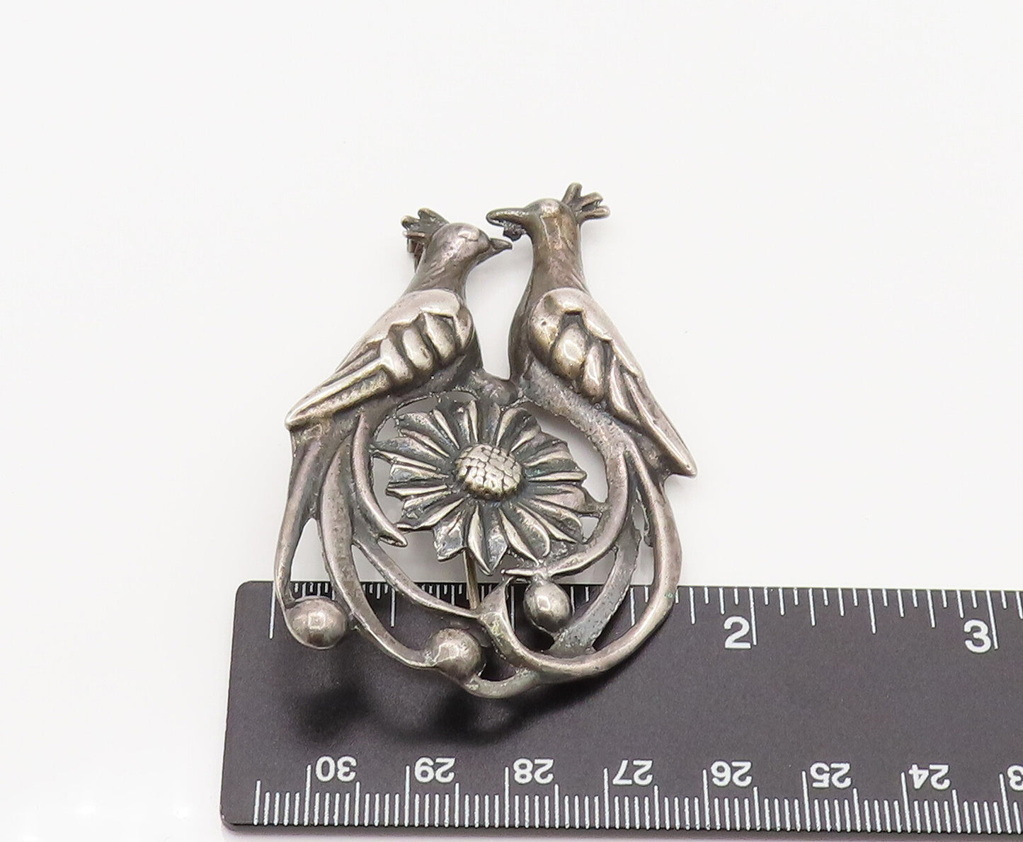 925 Silver  Vintage Antique Garden Love Birds Floral Brooch Pin  BP10163