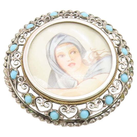 925 Sterling Silver Vintage Brooch Pin Turquoise Openwork Lady Portrait  BP12647