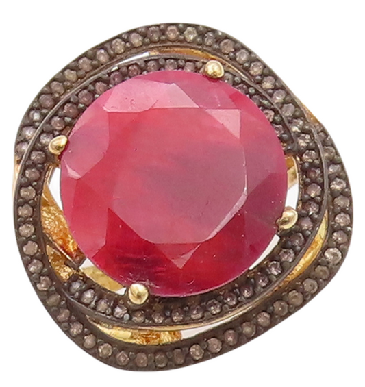 925 Sterling Silver Vintage Ring Gold Plated Diamonds & Gemstone Sz 7  RG29177