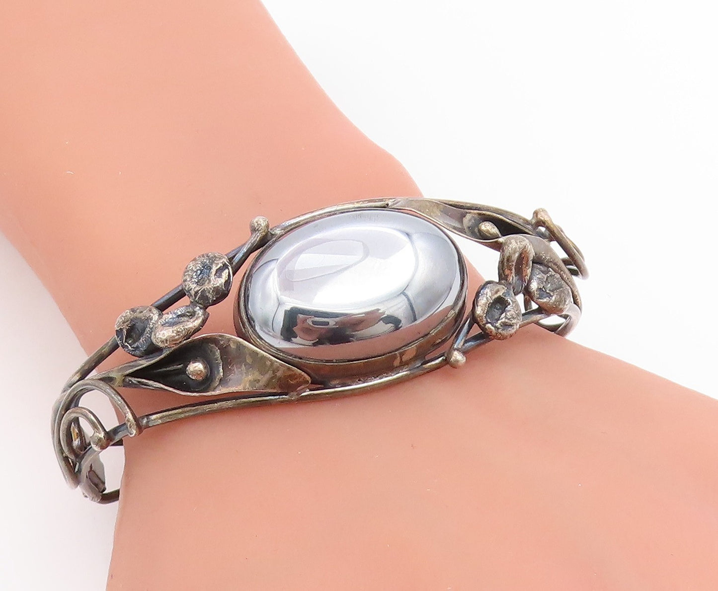 925 Sterling Silver Vintage Bracelet POLAND Hematite Floral Bangle  BT11841