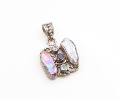 925 Sterling Silver Vintage Pendant Mother Of Pearl & Amethyst Charm  PT25913