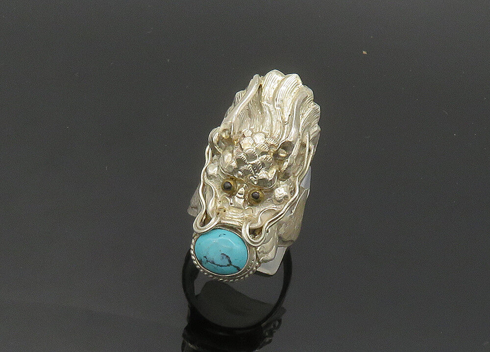 925 Silver  Vintage Turquoise & Black Onyx Dragon Head Ring Sz 9.5  RG20050