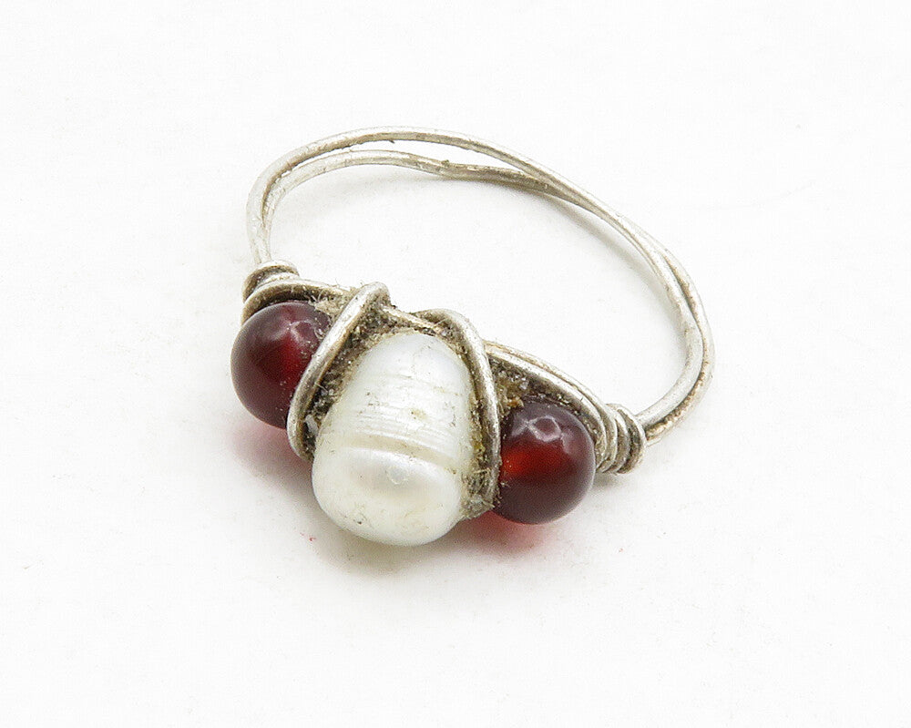 925 Silver  Vintage Pearl & Red Topaz Modernist Band Ring Sz 6.5  RG13667