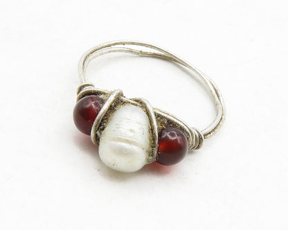 925 Silver  Vintage Pearl & Red Topaz Modernist Band Ring Sz 6.5  RG13667