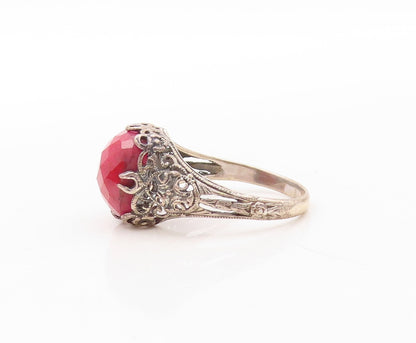 925 Sterling Silver Vintage Ring Red Gemstone Designer Cutout  Sz 8.5  RG30673