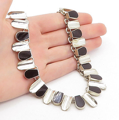 MEXICO 925 Sterling Silver  Vintage Inlaid Black Stone Chain Necklace  NE1098