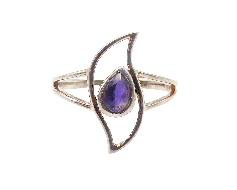 925 Sterling Silver  Tear Drop Amethyst Split Design Band Ring Sz 7.5  RG11450