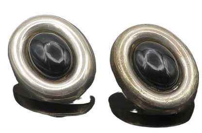 MEXICO 925 Sterling Silver  Vintage Cabochon Black Onyx Drop Earrings  EG6165