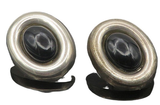 MEXICO 925 Sterling Silver  Vintage Cabochon Black Onyx Drop Earrings  EG6165