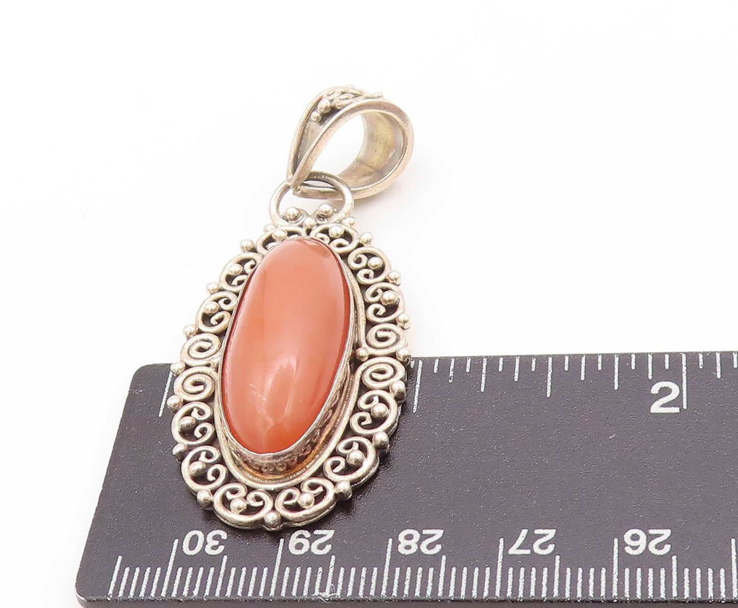 925 Sterling Silver Vintage Pendant BALI Carnelian Halo Swirly Cutouts  PT24196