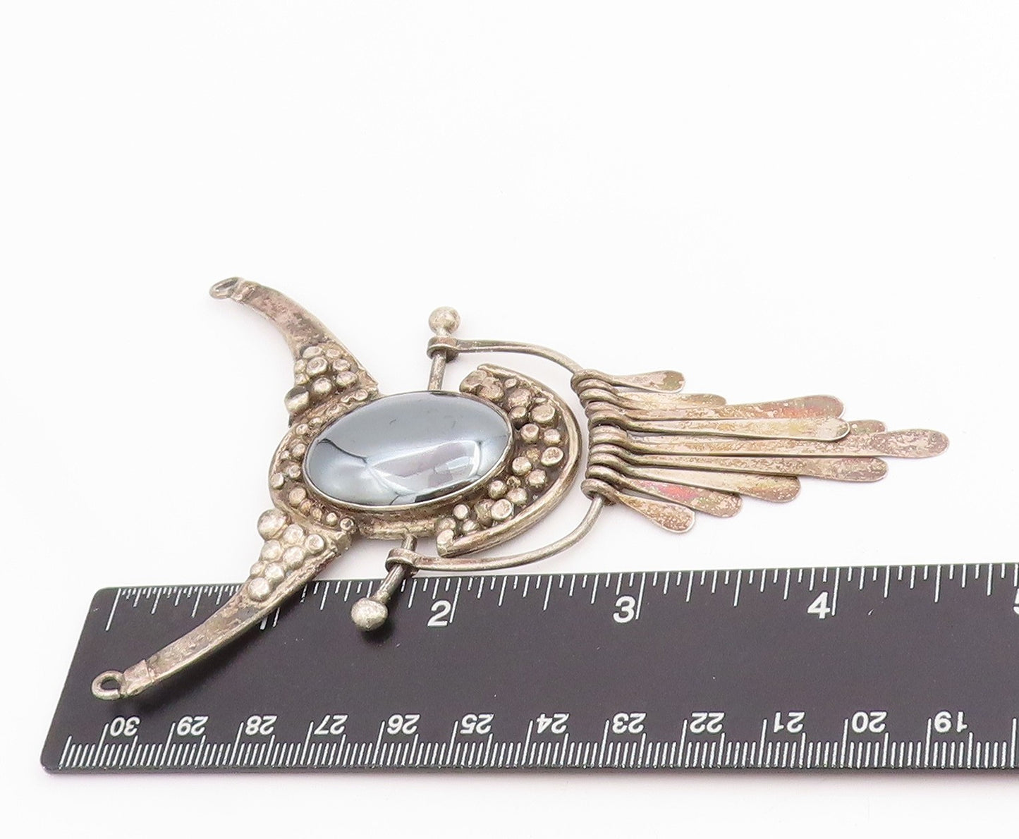 925 Sterling Silver Vintage Pendant Oval Hematite Bohemian Feather Drop  PT25171