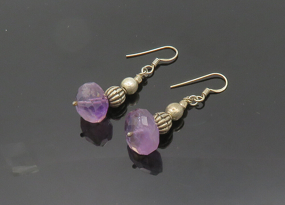 925 Sterling Silver  Vintage Faceted Amethyst Beaded Dangle Earrings  EG10013