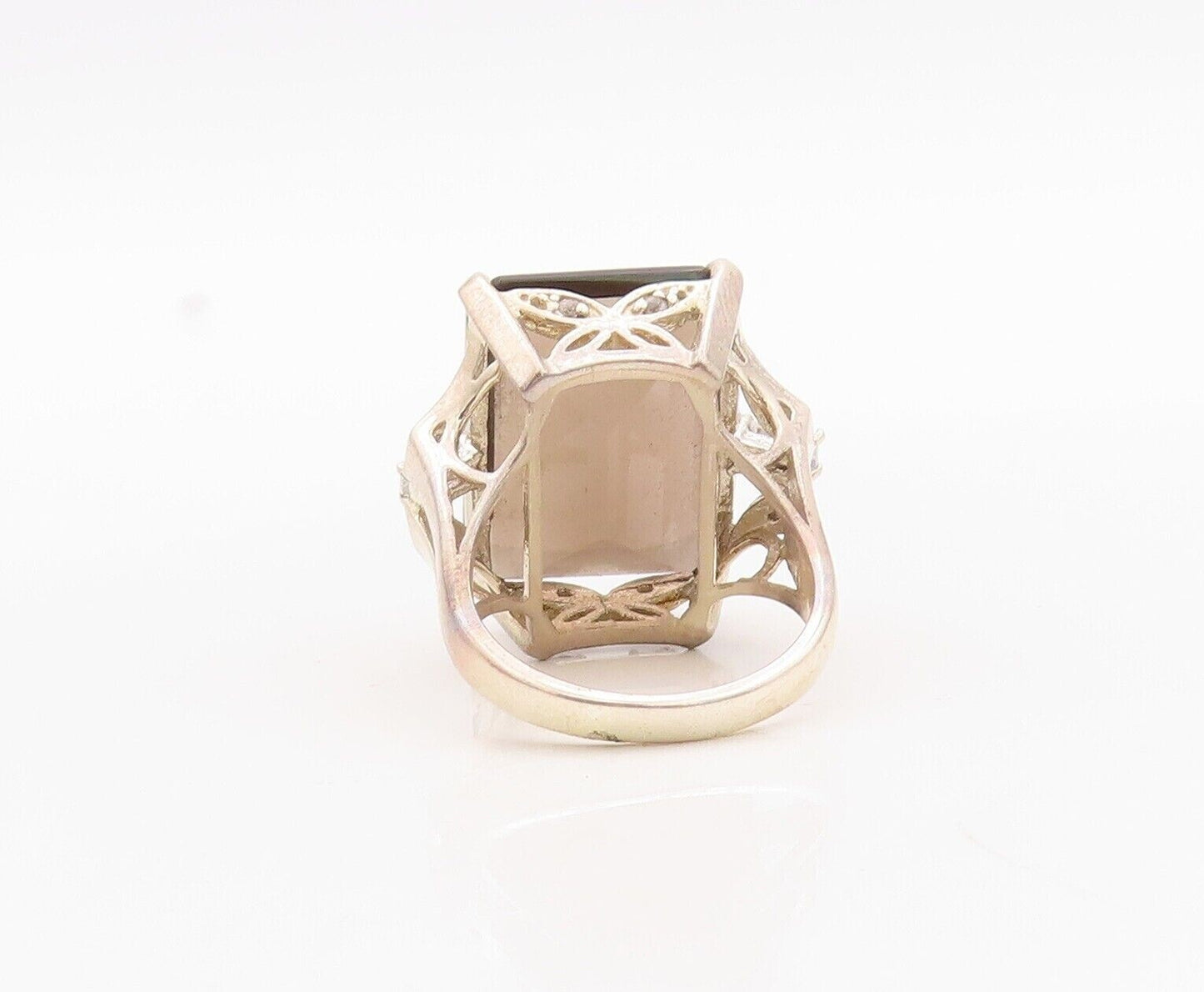 925 Sterling Silver Vintage Ring Rectangle Cut Smoky Quartz & CZ  Sz 7  RG29944