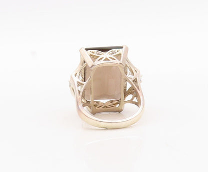 925 Sterling Silver Vintage Ring Rectangle Cut Smoky Quartz & CZ  Sz 7  RG29944