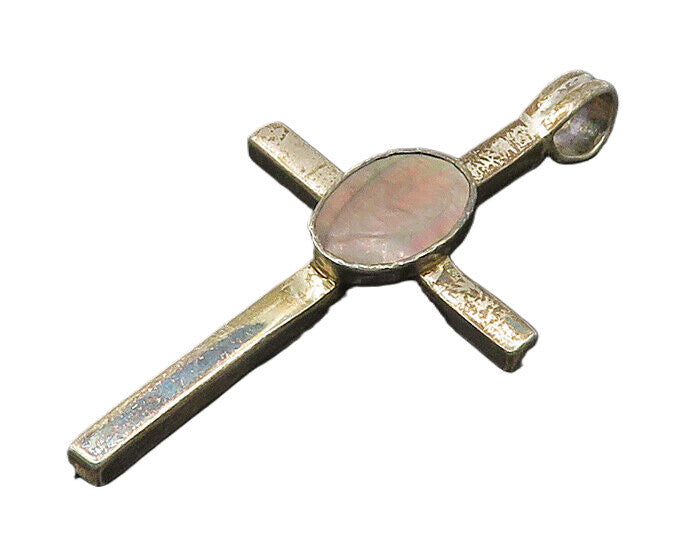 925 Sterling Silver  Vintage Abalone Shell Religious Cross Pendant  PT17635
