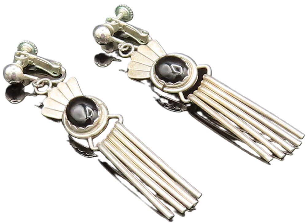 NAVAJO 925 Silver  Vintage Black Onyx Bar Dangle Screw Back Earrings  EG11950