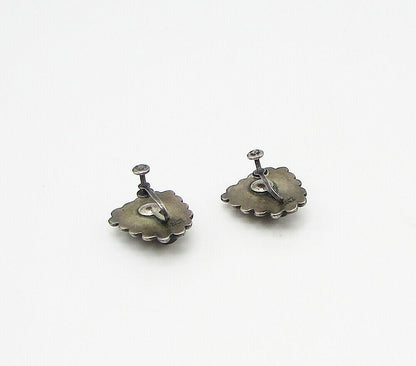 MEXICO 925 Silver  Vintage Carved Onyx Non Pierced Screw Back Earrings  EG1966