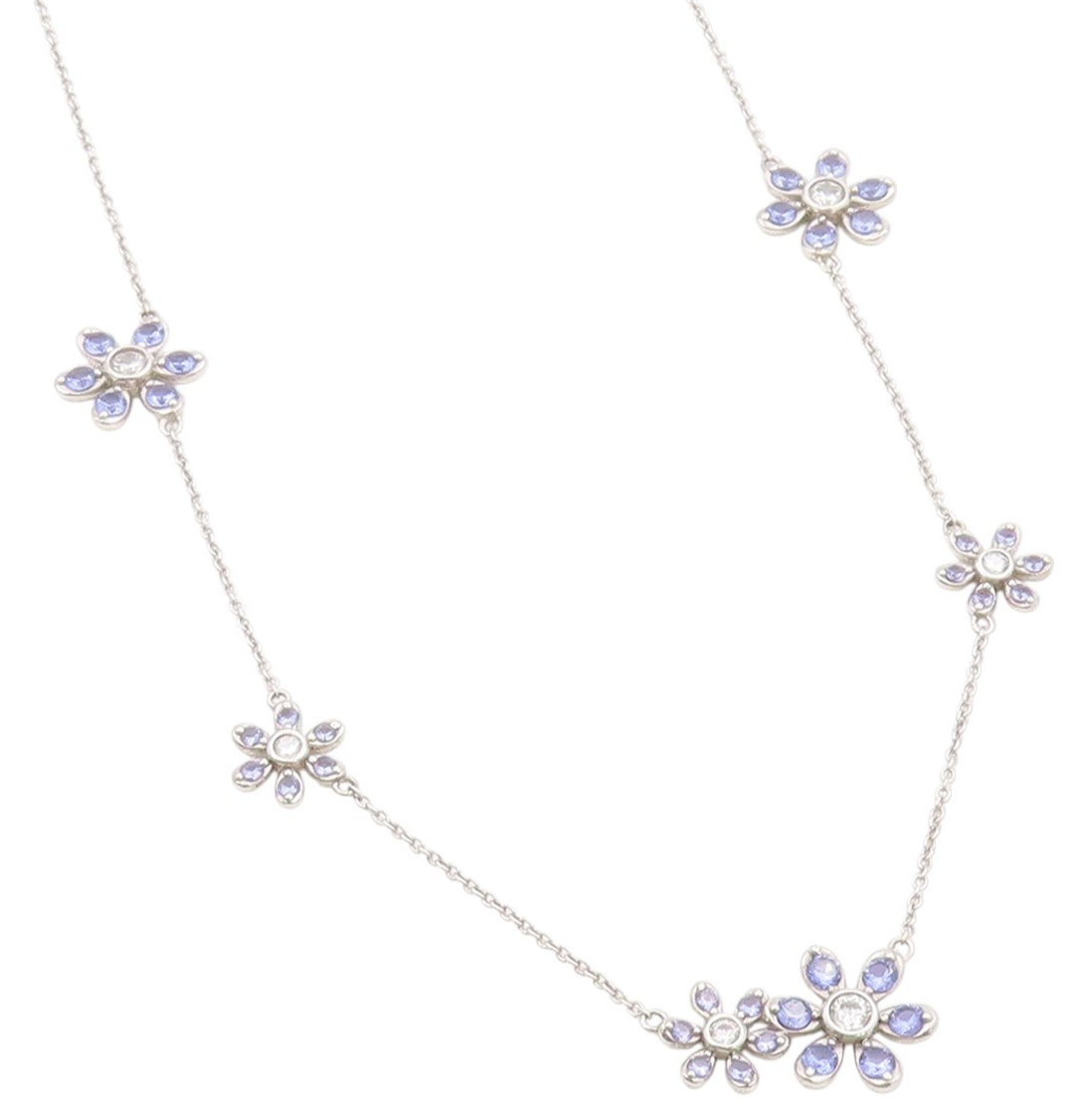 925 Sterling Silver Vintage Necklace Tanzanite & CZ Daisy Floral Chain   NE4628