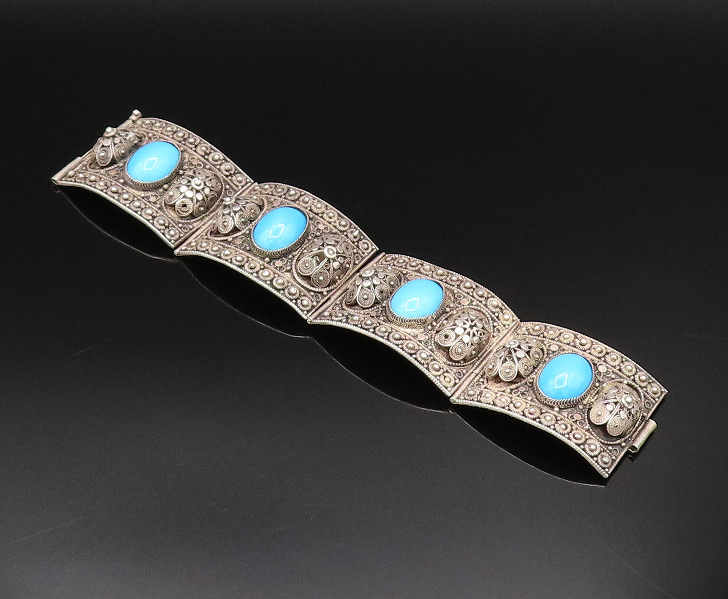 ISRAEL 925 Silver  Vintage 3D Spiral Floral Turquoise Link Bracelet  BT9577