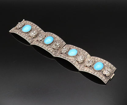 ISRAEL 925 Silver  Vintage 3D Spiral Floral Turquoise Link Bracelet  BT9577