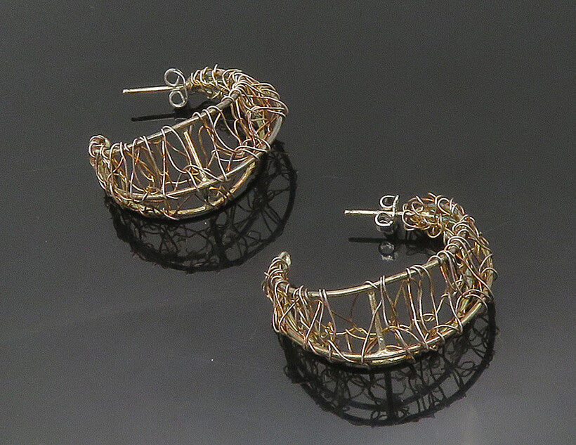 925 Sterling Silver  Vintage Shiny Modernist Wire Art Hoop Earrings  EG9244