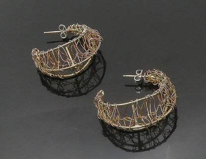 925 Sterling Silver  Vintage Shiny Modernist Wire Art Hoop Earrings  EG9244