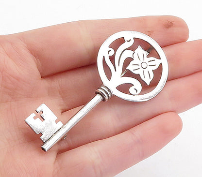 MEXICO 925 Sterling Silver  Vintage Floral Swirl Key Motif Brooch Pin  BP1321