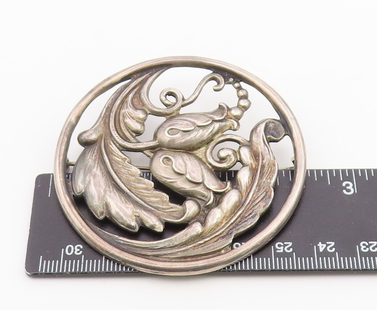 925 Sterling Silver Vintage Brooch Pin CARL POUL Openwork Foliate Circle BP12610