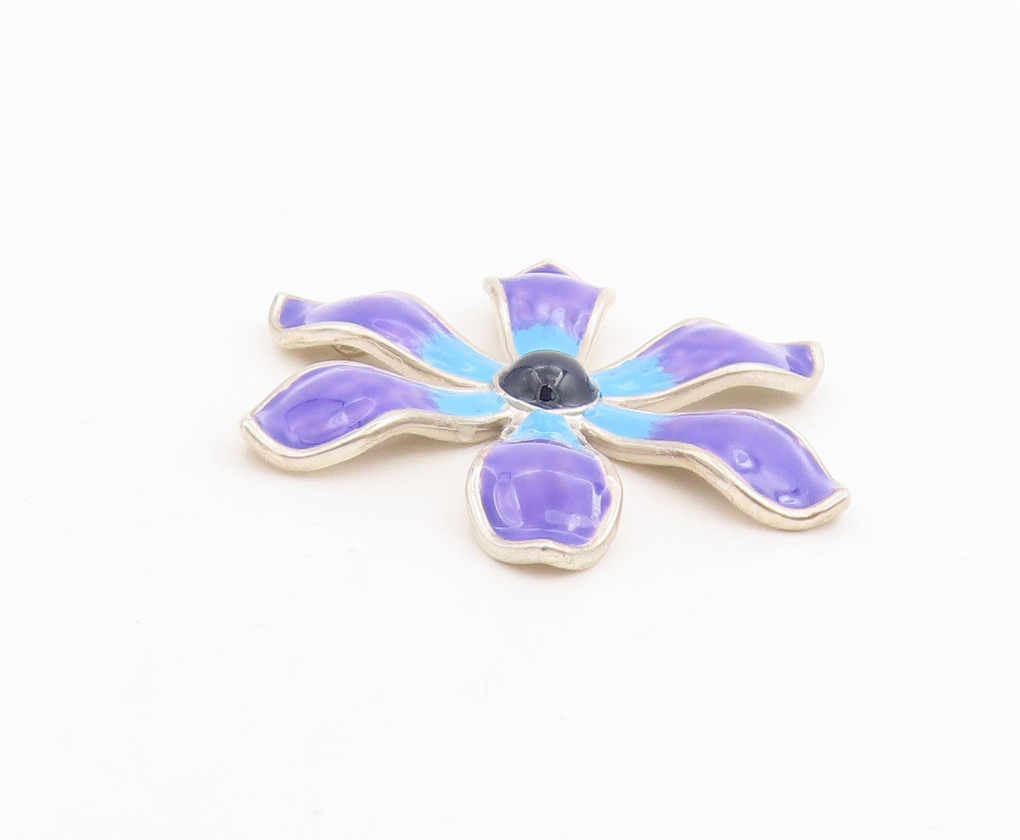 925 Sterling Silver Vintage Pendant Cabochon Onyx Enameled Floral Petal  PT25165